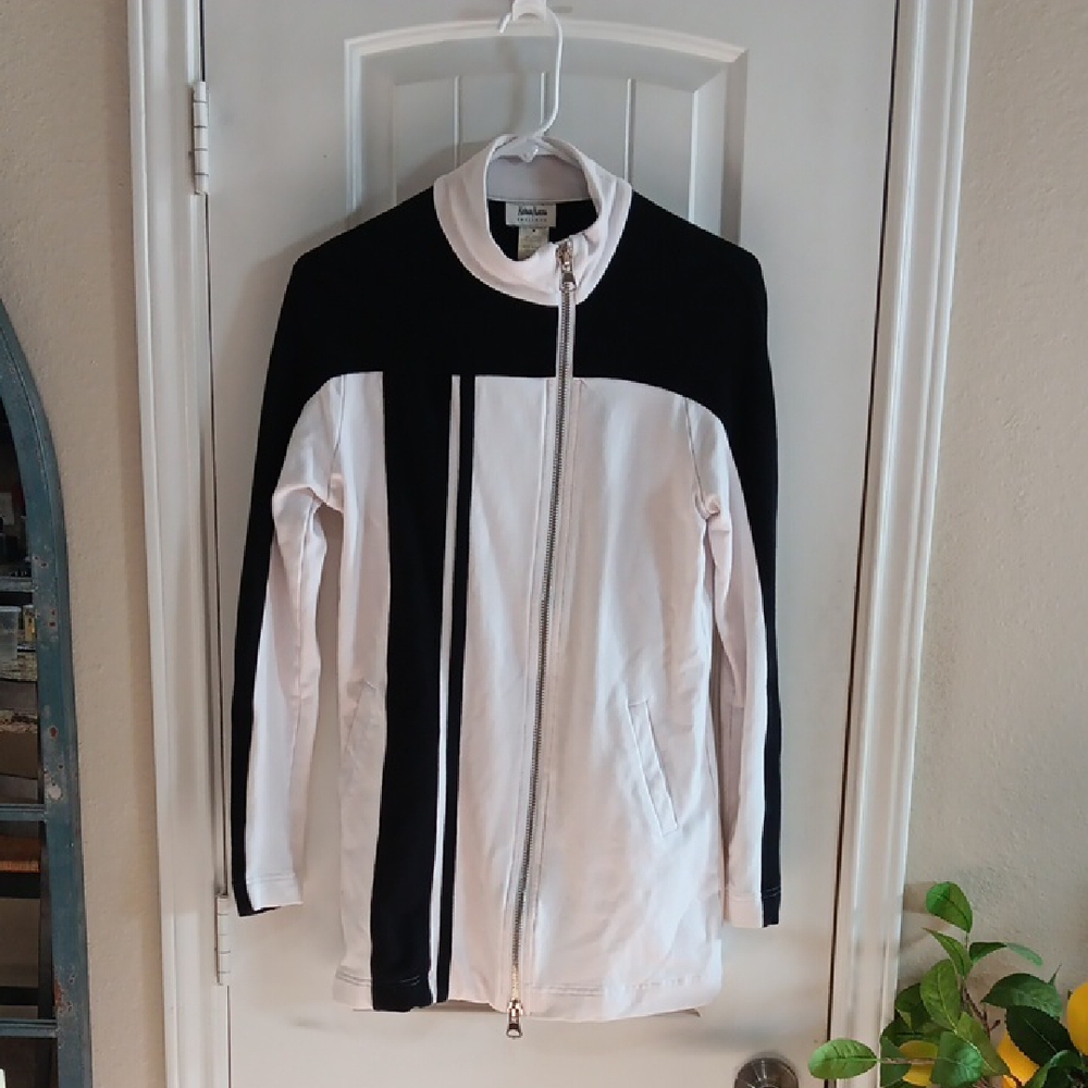 Neiman Marcus Black White Asymmetric Racing Stripe Zip Warm Up Jacket M